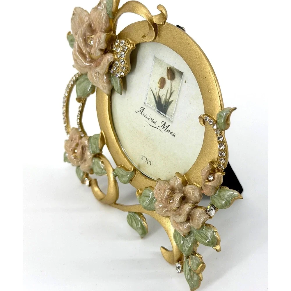 Ashleigh Manor Gold Enameled Flower Rhinestone Round 3x3 Picture Frame Vintage
